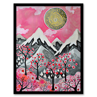 Artery8 Framed Wall Art Folk Art Mountain Range Sunset Cherry Blossom Print12X16 Inch from B&Q