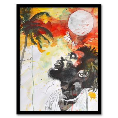 Artery8 Framed Wall Art Jamaican Man Portrait Sunset Palm Tree Rastafari Print12X16 Inch from B&Q