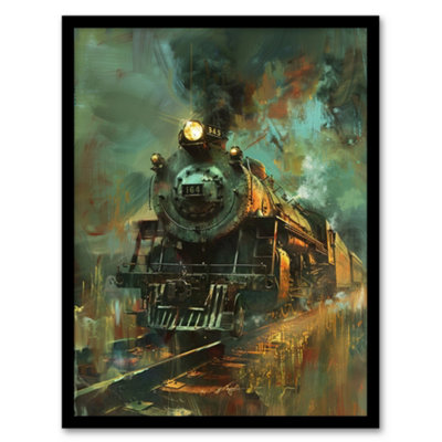 B&Q -  Framed Wall Art Steam Train On Tracks Modern Painting Dark Print12X16 Inch