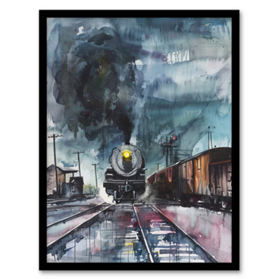 Artery8 Steam Train Arrival Yard Stormy Day Watercolour Wall Art PrintA4 Size from B&Q