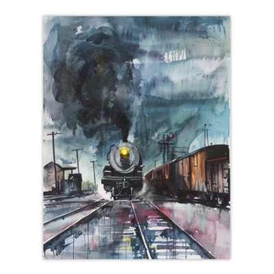 Artery8 Unframed Wall Art Steam Train Arrival Yard Stormy Day Watercolour12X16 Inch from B&Q