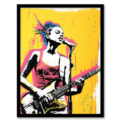 Artery8 Female Punk Music Guitarist Portrait Yellow Pink Wall Art PrintA4 Size from B&Q