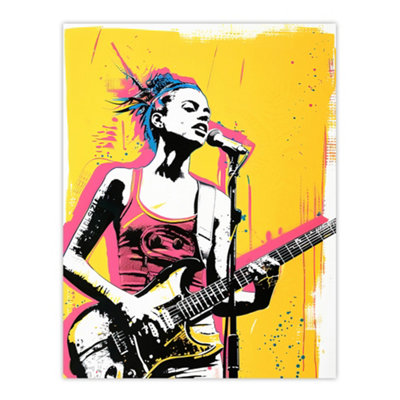 Artery8 Unframed Wall Art Female Punk Music Guitarist Portrait Yellow Pink12X16 Inch from B&Q