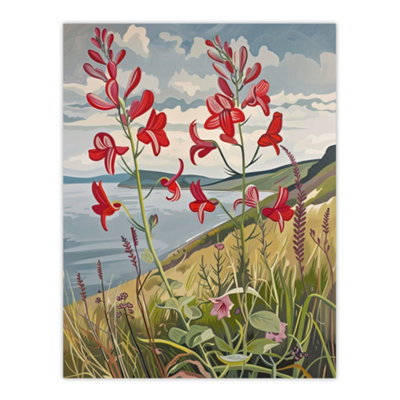 Artery8 Unframed Wall Art Red Wildflowers On Hunt Cliff Saltburn Yorkshire - 12X16 Inch B&Q