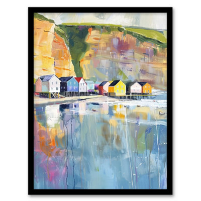 Artery8 Colourful Quaint Cliffside Beach Chalets Painting Wall Art PrintA4 Size from B&Q