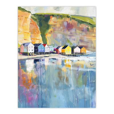 Artery8 Unframed Wall Art Colourful Quaint Cliffside Beach Chalets Painting12X16 Inch from B&Q