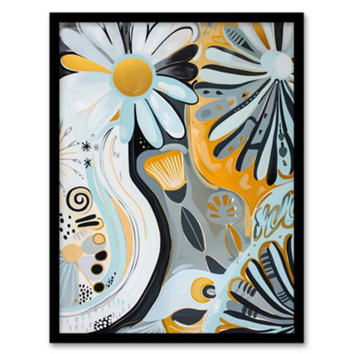 B&Q -  Abstract Daisy Wild Flowers Painting Pastels Gold Wall Art PrintA4 Size
