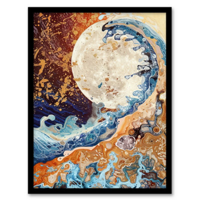 Artery8 Framed Wall Art Full Moon Great Ocean Wave Modern Art Gold Print12X16 Inch from B&Q