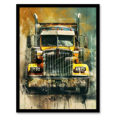Artery8 Framed Wall Art Yellow Long Haul Truck Front Modern Painting Print12X16 Inch from B&Q
