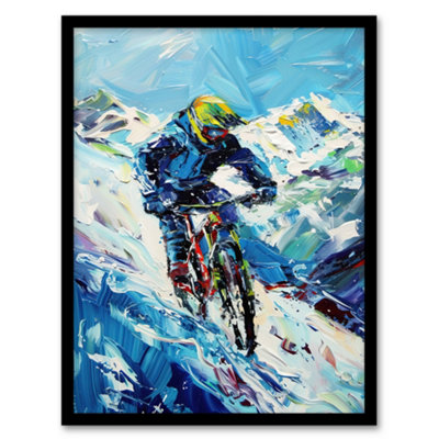 Artery8 Framed Wall Art Snow Mountain Biker Snowbike Race Sport Painting Print12X16 Inch