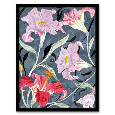 B&Q -  Pink Lily Flowers Stylised Detailed Floral Wall Art PrintA4 Size