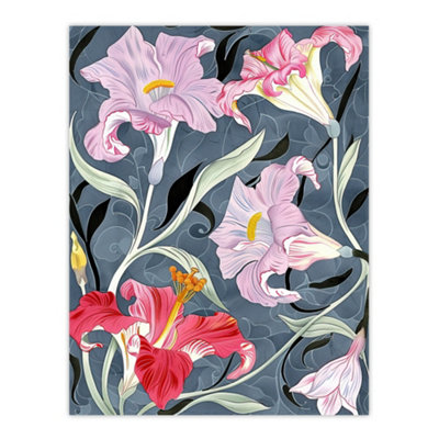 Artery8 Unframed Wall Art Pink Lily Flowers Stylised Detailed Floral12X16 Inch from B&Q
