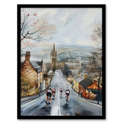 Artery8 Cyclists In Misty Yorkshire Town Street Painting Wall Art PrintA4 Size from B&Q