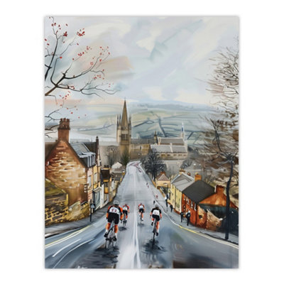 Artery8 Unframed Wall Art Cyclists In Misty Yorkshire Town Street Painting12X16 Inch from B&Q