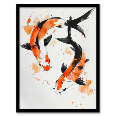 Artery8 Two Japanese Koi Carp Fish Ink Splat Watercolour Wall Art PrintA4 Size from B&Q