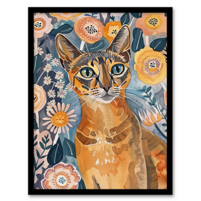 Artery8 Framed Wall Art Cat Lover Abyssinian Floral Watercolour Folk12X16 Inch from B&Q