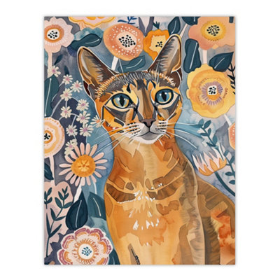 Artery8 Unframed Wall Art Cat Lover Abyssinian Floral Watercolour Folk12X16 Inch from B&Q
