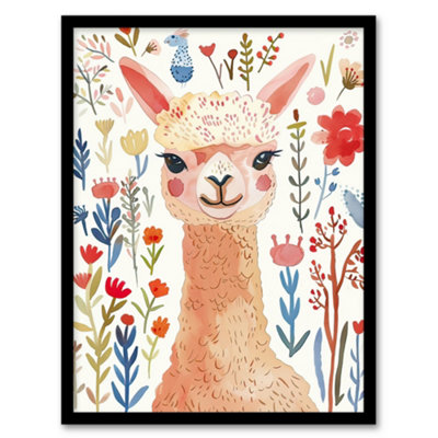 Artery8 Framed Wall Art Cute Happy Alpaca Bright Floral Watercolour12X16 Inch from B&Q