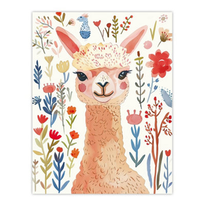 Artery8 Unframed Wall Art Cute Happy Alpaca Bright Floral Watercolour12X16 Inch from B&Q