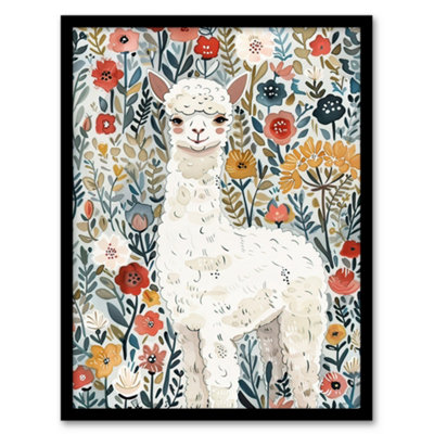 Artery8 Framed Wall Art Happy Alpaca In Wildflower Field Watercolour12X16 Inch from B&Q