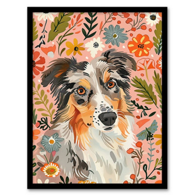 Artery8 Framed Wall Art Australian Sheepdog Floral Portrait Watercolour12X16 Inch from B&Q