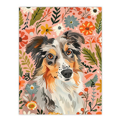 Artery8 Unframed Wall Art Australian Sheepdog Floral Portrait Watercolour12X16 Inch from B&Q