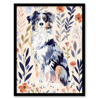Artery8 Dog Lover Australian Sheepdog Floral Portrait Wall Art PrintA4 Size from B&Q