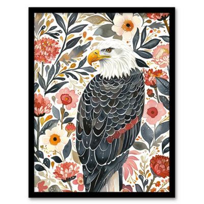 Artery8 Framed Wall Art American Bald Eagle Floral Watercolour Portrait12X16 Inch from B&Q