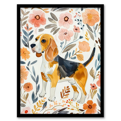 Artery8 Framed Wall Art Cute Beagle Puppy Dog Lover Floral Watercolour12X16 Inch from B&Q