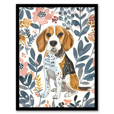 Artery8 Framed Wall Art Dog Lover Beagle In Flower Garden Watercolour12X16 Inch from B&Q