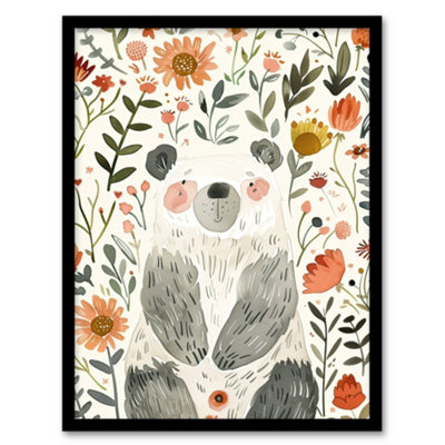 Artery8 Framed Wall Art Happy Cute Baby Bear With Flowers Watercolour12X16 Inch from B&Q
