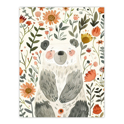 Artery8 Unframed Wall Art Happy Cute Baby Bear With Flowers Watercolour12X16 Inch from B&Q
