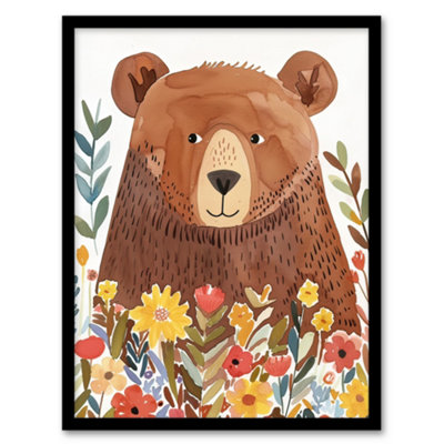 Artery8 Framed Wall Art Happy Brown Bear In Wildflower Patch Watercolour12X16 Inch from B&Q