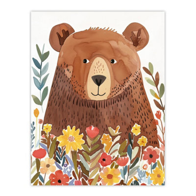Artery8 Unframed Wall Art Happy Brown Bear In Wildflower Patch Watercolour12X16 Inch from B&Q