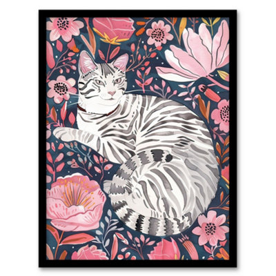 Artery8 Framed Wall Art Striped Cat Laying In Pink Wildflowers Watercolour12X16 Inch from B&Q