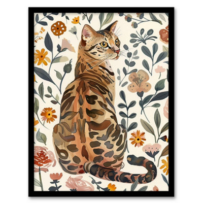 Artery8 Framed Wall Art Cat Lover Curious Bengal In Autumn Wildflowers - 12X16 Inch