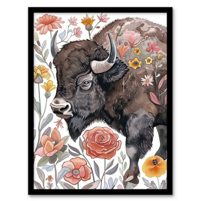 Artery8 Stylised Majestic Bison In Spring Wildflowers Wall Art PrintA4 Size from B&Q