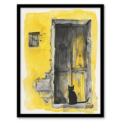 Artery8 Framed Wall Art Black Cat In Doorway Rustic Yellow Watercolour12X16 Inch from B&Q