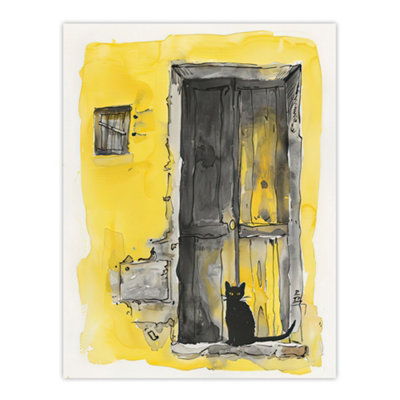 Artery8 Unframed Wall Art Black Cat In Doorway Rustic Yellow Watercolour12X16 Inch from B&Q