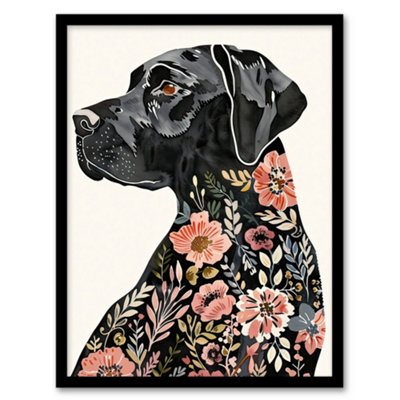 Artery8 Black Labrador Dog Lover Floral Watercolour Wall Art PrintA4 Size from B&Q