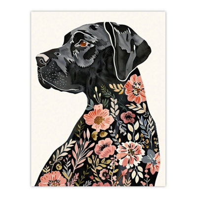 Artery8 Unframed Wall Art Black Labrador Dog Lover Floral Watercolour12X16 Inch from B&Q