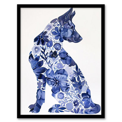Artery8 Blue German Shepherd Floral Pattern Watercolour Wall Art PrintA4 Size from B&Q