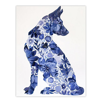 Artery8 Unframed Wall Art Blue German Shepherd Floral Pattern Watercolour12X16 Inch from B&Q