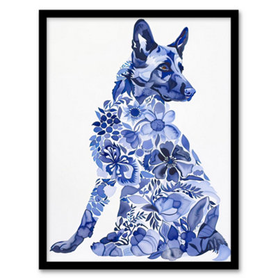 Artery8 Framed Wall Art Dog Lover Floral Alsatian Blue Watercolour12X16 Inch from B&Q
