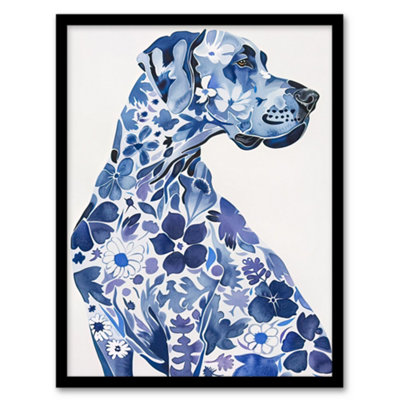 Artery8 Framed Wall Art Floral Great Dane Blue Dog Lover Pet Portrait12X16 Inch from B&Q
