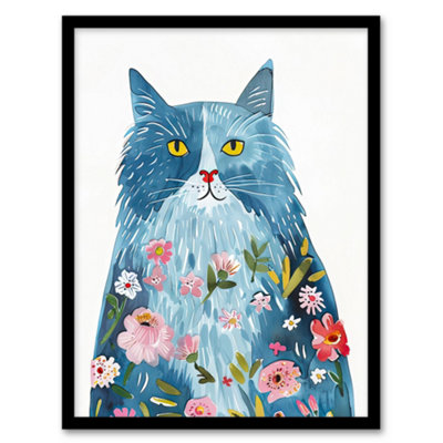 Artery8 Framed Wall Art Smiling Blue Cat With Flowers In Fur Watercolour12X16 Inch from B&Q