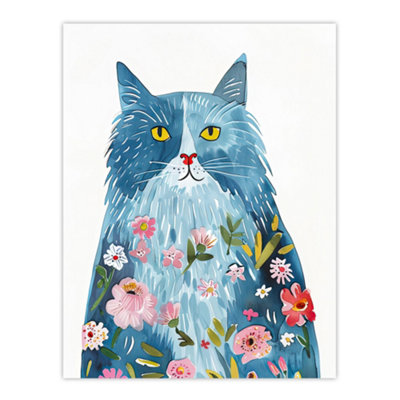 Artery8 Unframed Wall Art Smiling Blue Cat With Flowers In Fur Watercolour12X16 Inch from B&Q