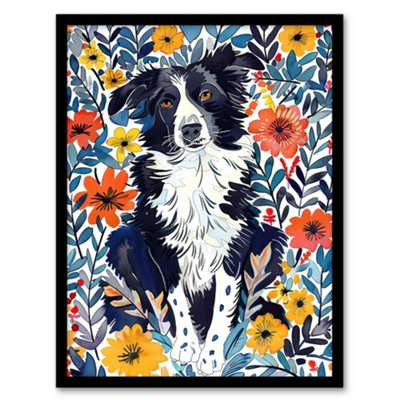 Artery8 Framed Wall Art Border Collie Flower Field Dog Lover Watercolour12X16 Inch from B&Q