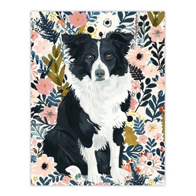 Artery8 Unframed Wall Art Border Collie Dog Lover Pink Floral Portrait12X16 Inch from B&Q
