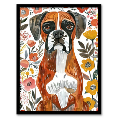 Artery8 Framed Wall Art Boxer Dog Lover Watercolour Floral Portrait12X16 Inch from B&Q